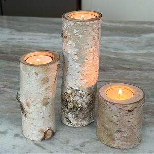 Rustic Birch Wood Handmade Tea Light Votive Candle Holders - Set of 3